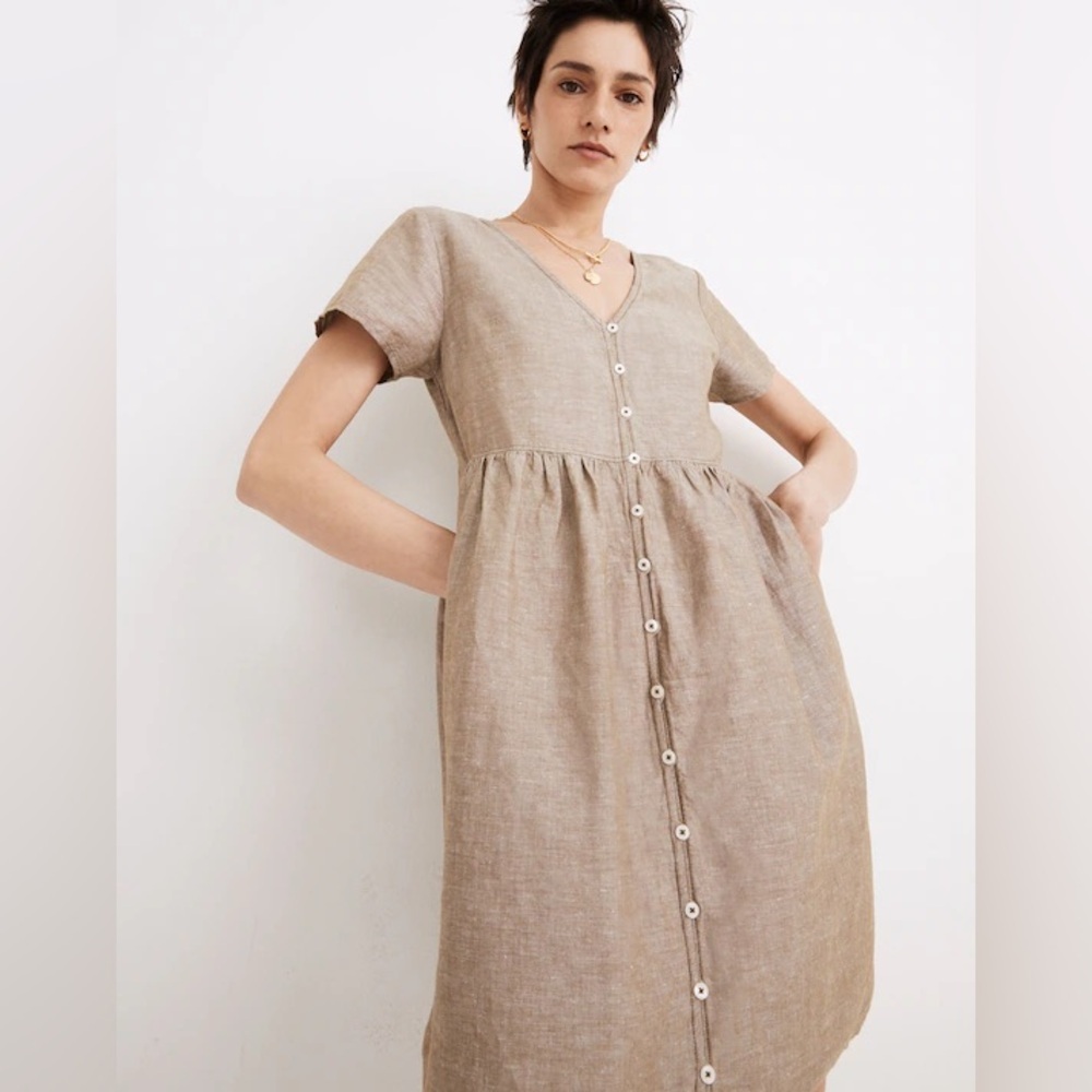 Madewell Linen Blend Alexandra Button-Front Mini Dress in Olive Branch